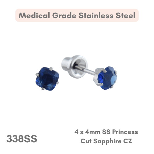 Stainless Steel – 4x4mm Princess Cut Sapphire Cubic Zirconia