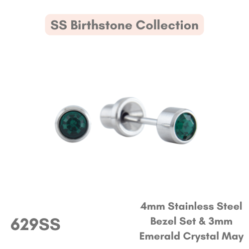 Stainless Steel  – 4mm Bezel 3mm Emerald Crystal May