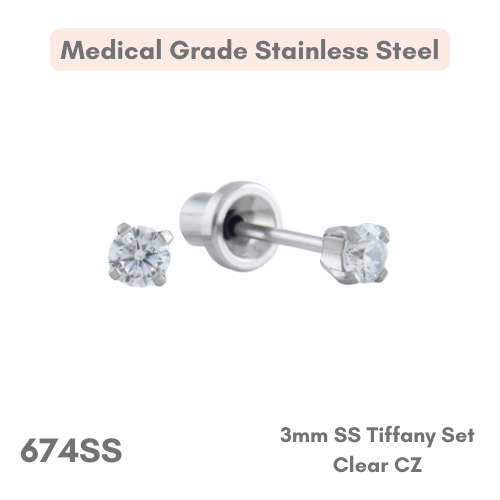 Stainless Steel – 3mm Tiffany Claw Clear Cubic Zirconia