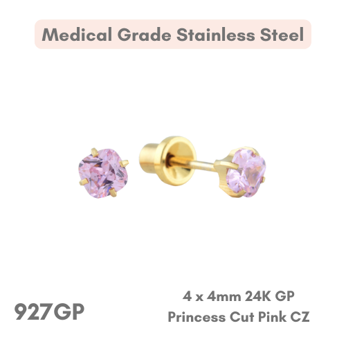 24K Gold Plated – 4x4mm Princess Cut Pink Cubic Zirconia