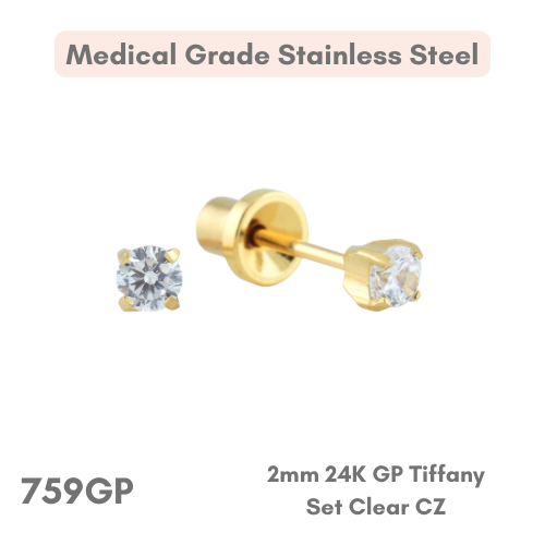 24K Gold Plated – 2mm Tiffany Set Clear Cubic Zirconia